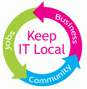 circle comprised of three arrows with the words jobs, business, and community encouraging folks to keep it local