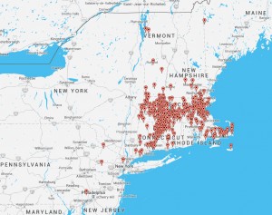 Map of New England showing pins in cities that Northeast Security Solutions has customers