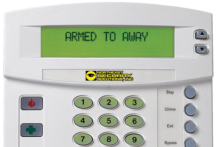 An alarm keypad displaying an "Armed to Away" message