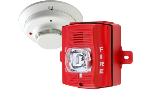 fire alarm horn strobe in front of a ceiling mounted smoke detector