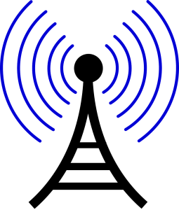 cartoon image of black cell tower with blue signal lines being emitted