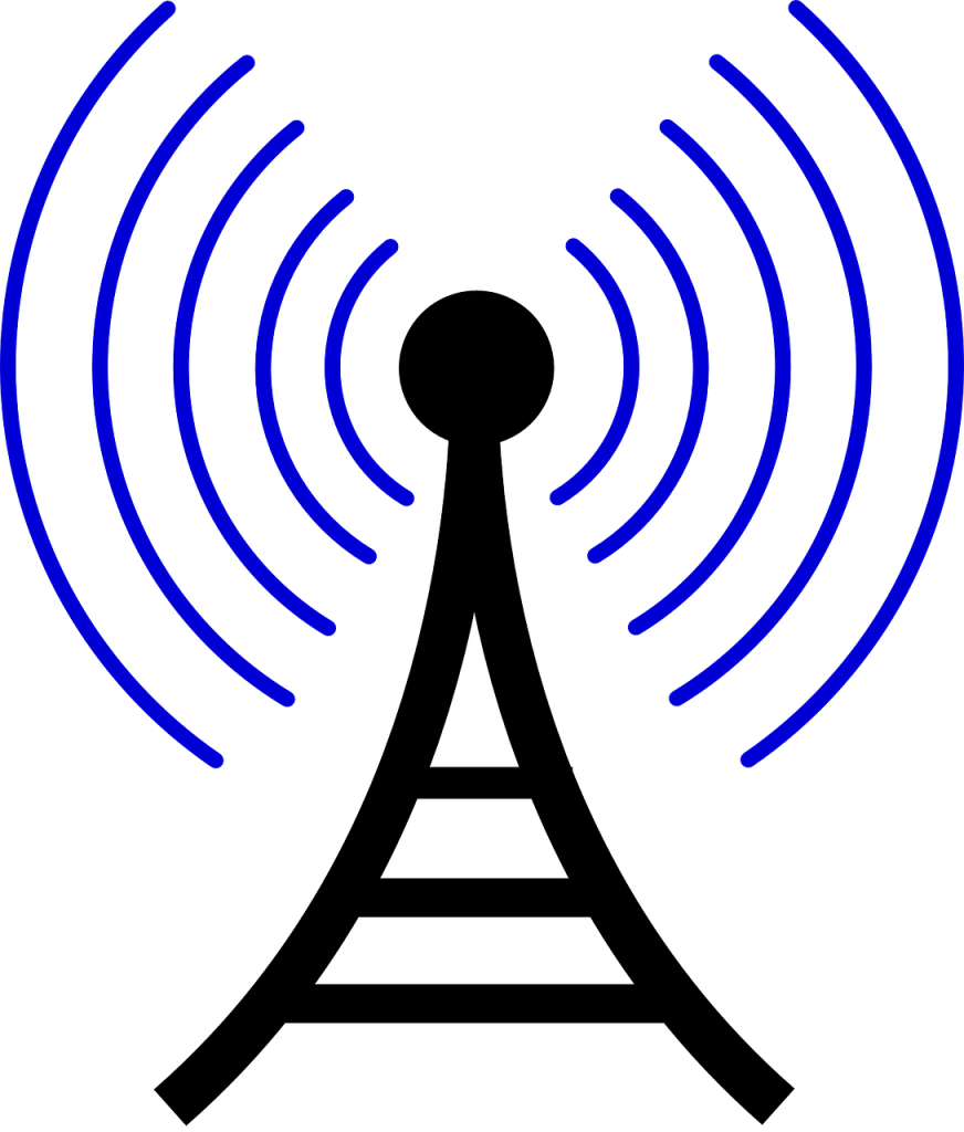 cartoon image of black cell tower with blue signal lines being emitted