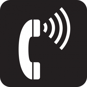 cartoon image of a white telephone in a black box