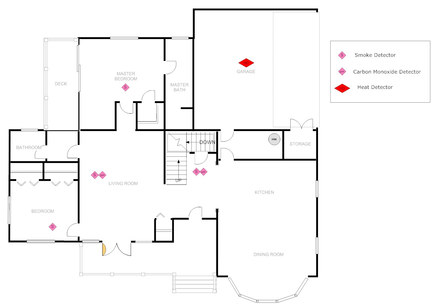 A floor plan detailing smoke detection per 2008 fire alarm requirements. 