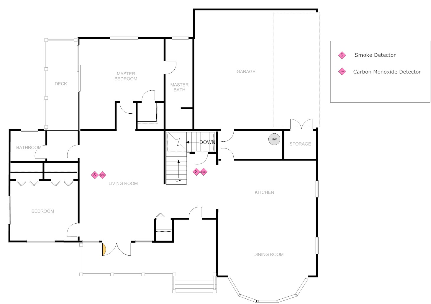 Home floor plan with smoke detection mapped out per 1975 fire code. 