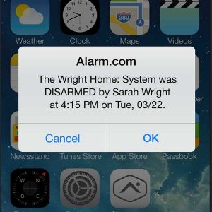 An Alarm.com alert showing the security system being disarmed.