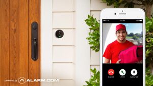 An Alarm.com doorbell camera showing a pizza delivery man at the door.