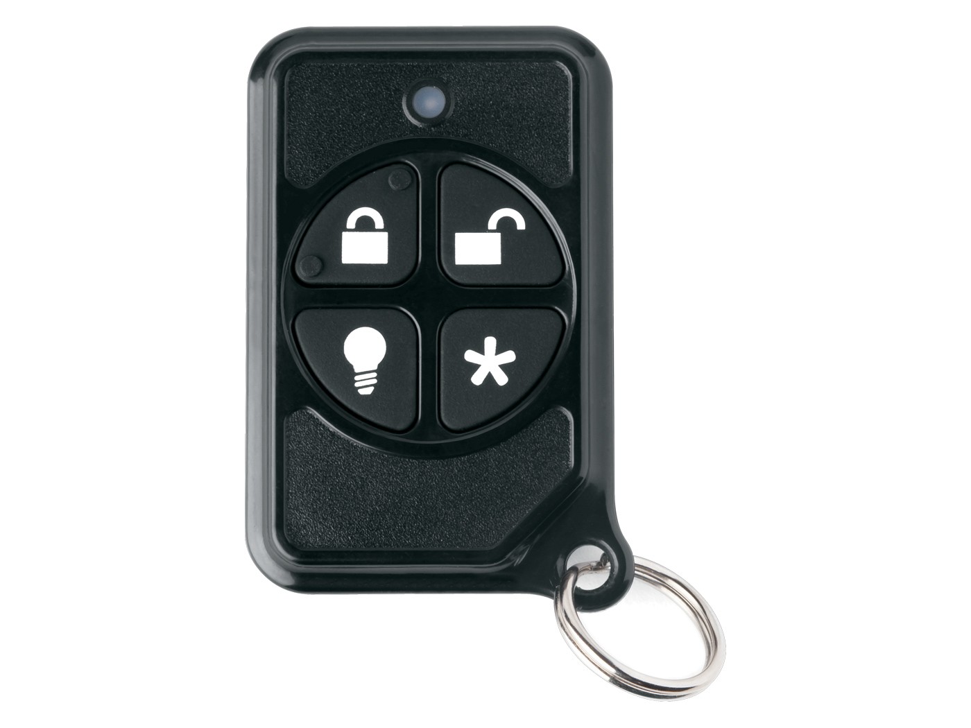 A 4-button keychain remote for a wireless security system.