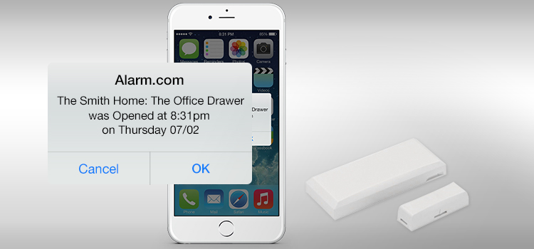 An Alarm.com notification showing an open office drawer.