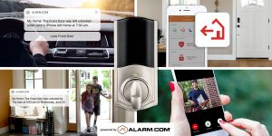 Various Alarm.com Smart Lock alerts shown on a cell phone.