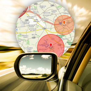 A car driving with a geo services map displayed next to the car.