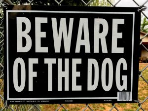 A "Beware of Dog" sign on a fence