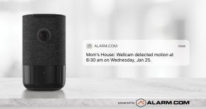 The Alarm.com wellcam speaker, camera, and motion detector.
