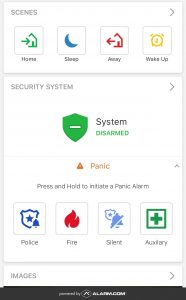 An Alarm.com app displaying panic signal options.