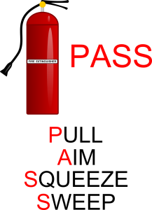 A fire extinguisher and text exlaining the "PASS" acronym
