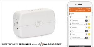 An Alarm.com smart plug connected to the Alarm.com mobile app
