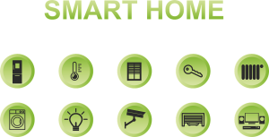 A picture showing many potential smart home products underneath text reading "smart home"