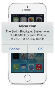 An Alarm.com business notification showing that the security system has been disarmed