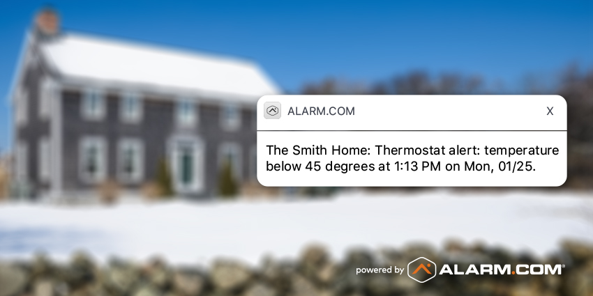 An Alarm.com notification indicating a dangerously low temperature