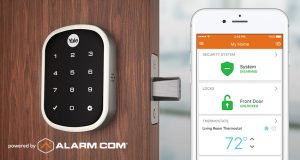 A Yale smart lock and Alarm.com app open on a smartphone