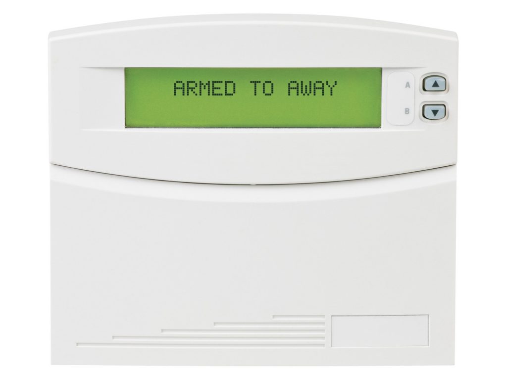 An alarm keypad showing a display reading "Armed to Away"