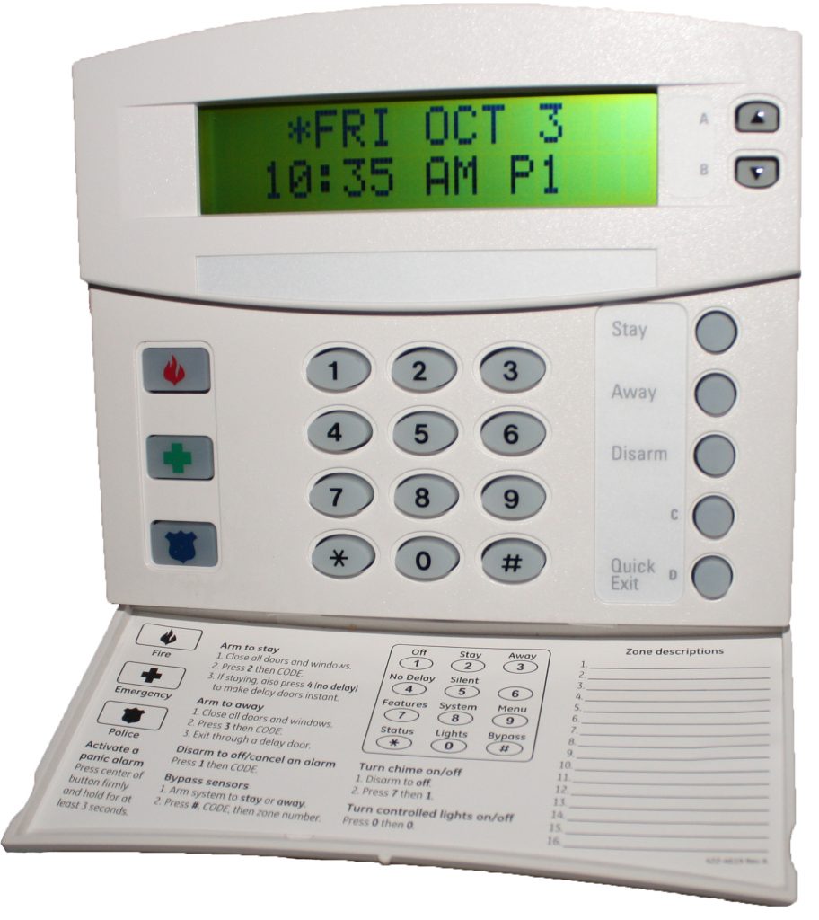 A Concord 4 alarm keypad displaying the date and time